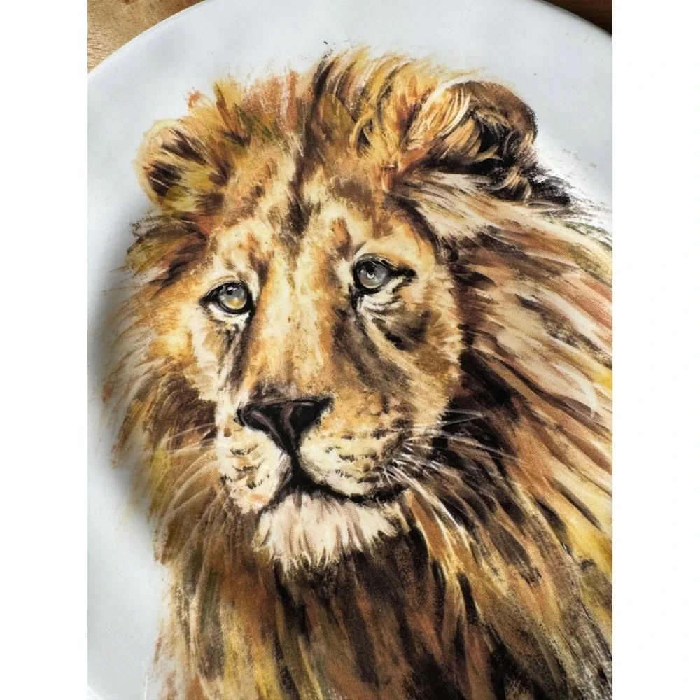 Pier 1 Lion Salad Plate Unisex 8.25in Cream Brown Ironstone Wildlife Art
